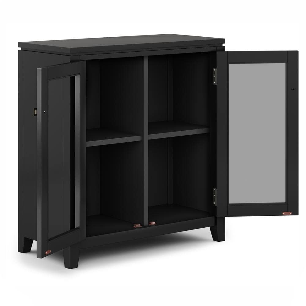 Black Solid Wood Low Storage Cabinet with Glass Doors