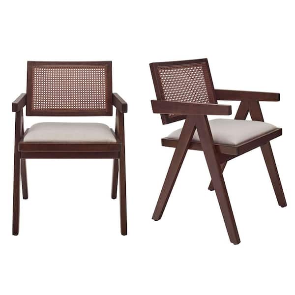 Fincher Walnut Wood Dining Chairs with Faux Rattan Back and Beige Upholstered Seat (Set of 2)