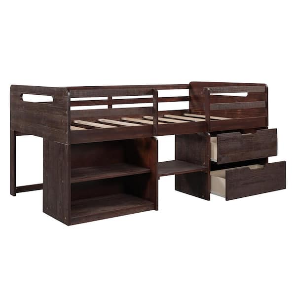 aisword Twin size Loft Bed with Two Shelves and Two Drawers - Antique Espresso