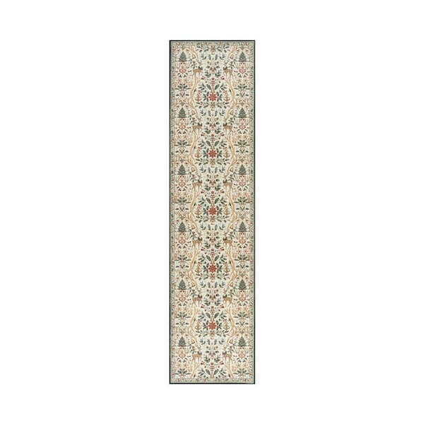 Vintage Christmas Woodland Floral Pattern Non Slip Beige 2 ft. x 6 ft. Living Room/Bedroom Indoor Area Rug