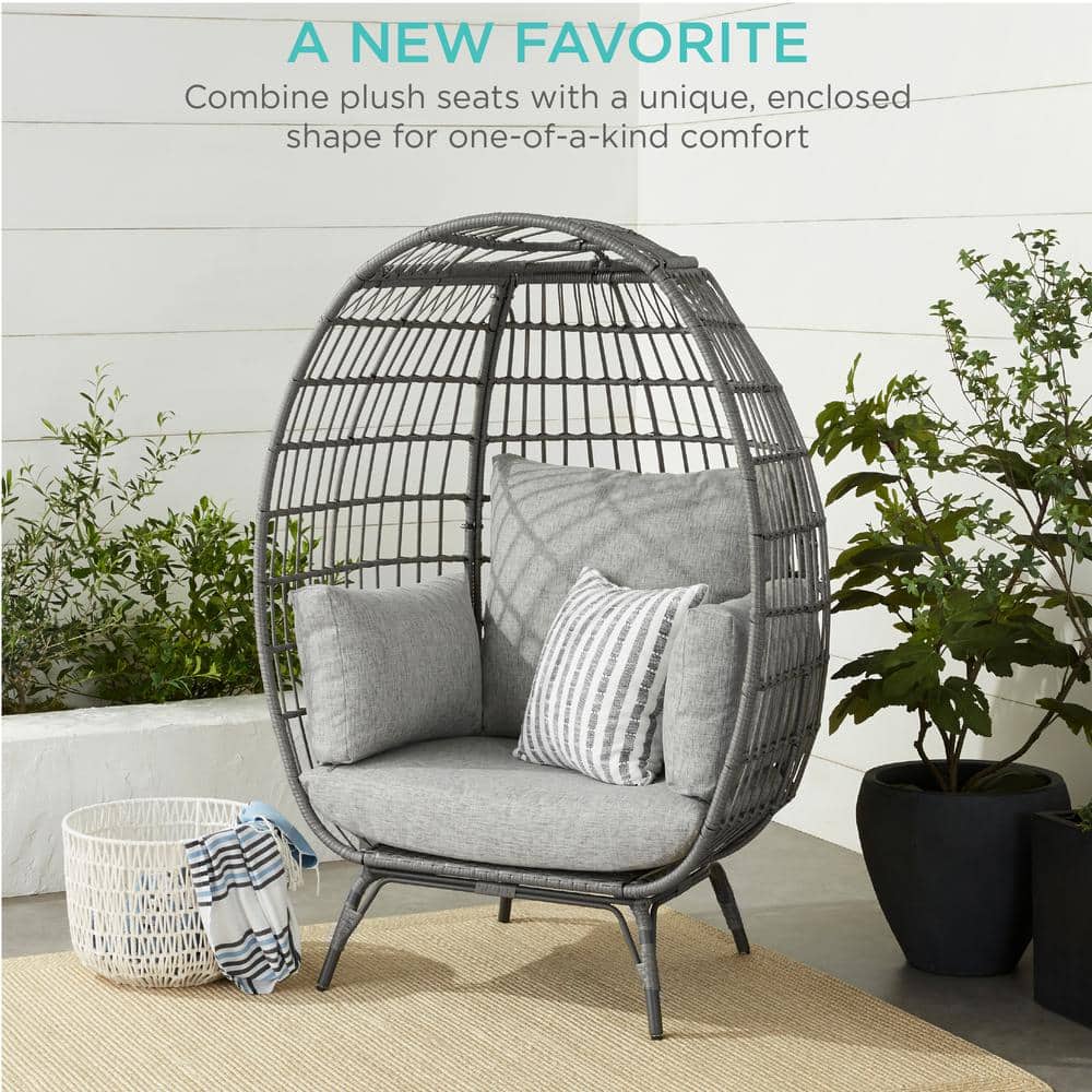 Gray Wicker Oversized Egg Lounge Chair with Cushions
