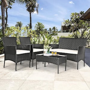 4-Piece Wicker Outdoor Loveseat Furniture Set Chairs Sofa with Beige Cushions