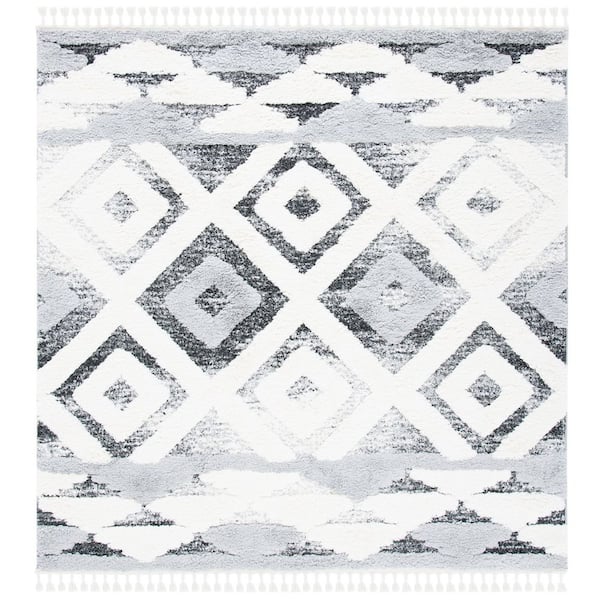 Moroccan Tassel Shag 7 ft. x 7 ft. Gray/Ivory Diamond High-Low Fringe Square Area Rug