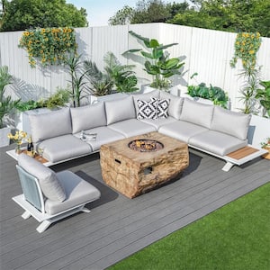 6-Piece Aluminum Patio Conversation Set with Firepit Table and Gray Cushions