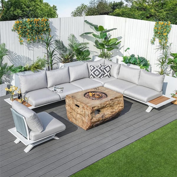 moda furnishings 6-Piece Aluminum Patio Conversation Set with Firepit Table and Gray Cushions