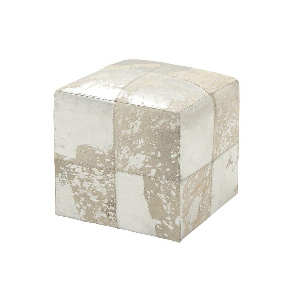 Elegance Unleashed White Leather Pouf with Silver Accents, 16"x17"