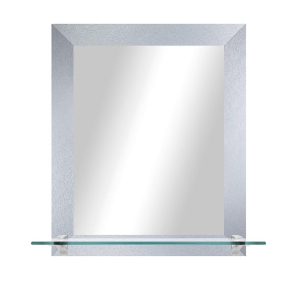 Unbranded 21.5 in. W x 25.5 in. H Rectangle Light Silver Vertical Mirror With Tempered Glass Shelf/Chrome Brackets