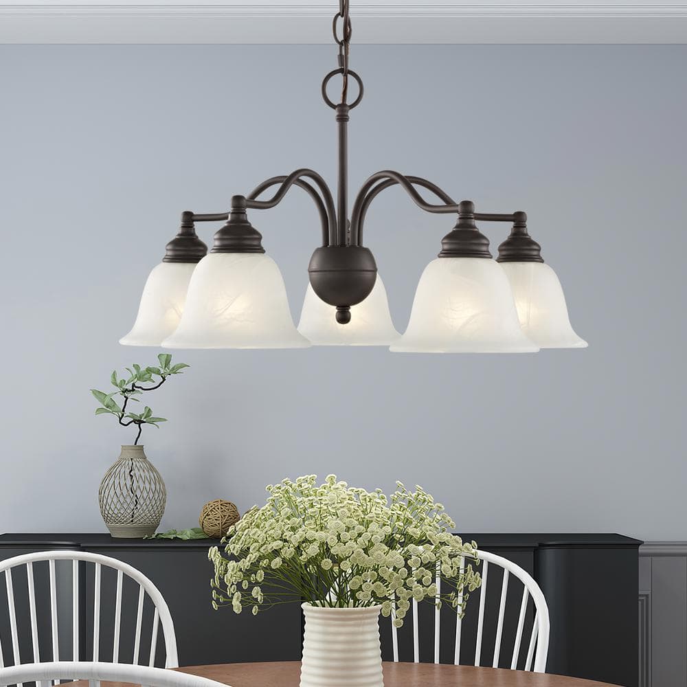 Elegant Bronze 5-Light Outdoor Chandelier with White Alabaster Glass