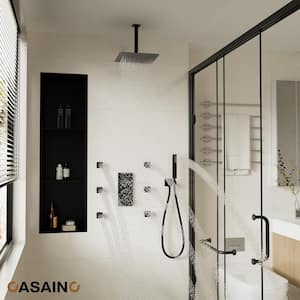 Thermostatic 2-Spray Patterns 12 in. Dual Ceiling Mount Fixed and Handheld Shower Head in Matte Black with 6-Jets