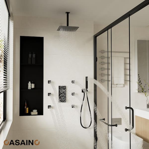 Thermostatic 2-Spray Patterns 12 in. Dual Ceiling Mount Fixed and Handheld Shower Head in Matte Black with 6-Jets