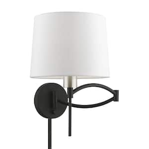 Atwood 1-Light Black Plug-In/Hardwired Swing Arm Wall Lamp with Off-White Fabric Shade