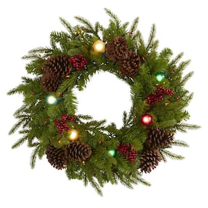 24 in. Pre-Lit Christmas Artificial Wreath with 50 Multi-Colored Lights 7 Multi-Colored Bulbs Berries and Pine Cones