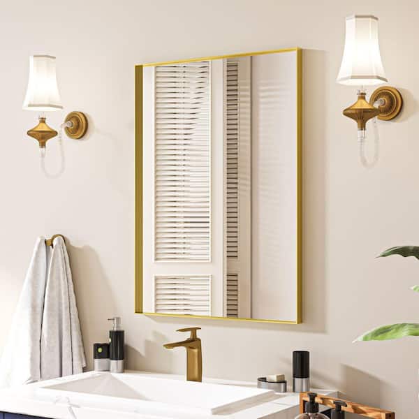 waterpar 22 in. W x 30 in. H Rectangular Aluminum Framed Wall Bathroom Vanity Mirror in Brushed Gold