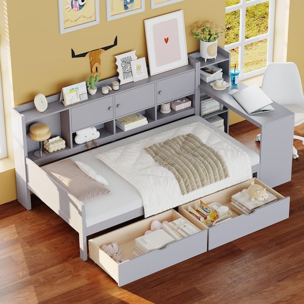 Harper & Bright Designs Gray Twin Size Wood Daybed with Built-in Desk, Bookshelf, Cabinets and 2 Large Drawers