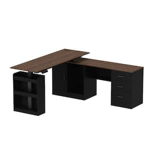 63 in. W L-Shape Black and Wood Grain Wooden 3-Drawer Adjustable Height Computer Desk, Writing Desk with 5-Shelf 1 Door