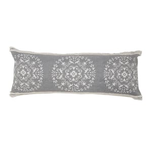 Mandala Gray / White Medallion Tufted Border Poly-Fill 14 in. x 36 in. Lumbar Indoor Throw Pillow