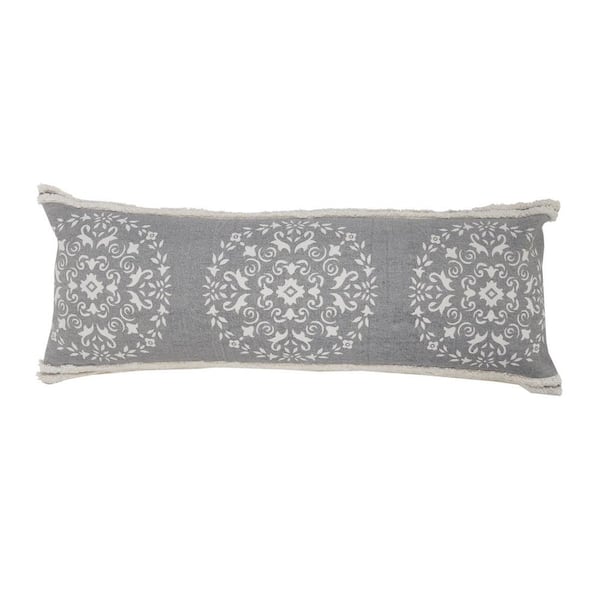 LR Home Mandala Gray / White Medallion Tufted Border Poly-Fill 14 in. x 36 in. Lumbar Indoor Throw Pillow