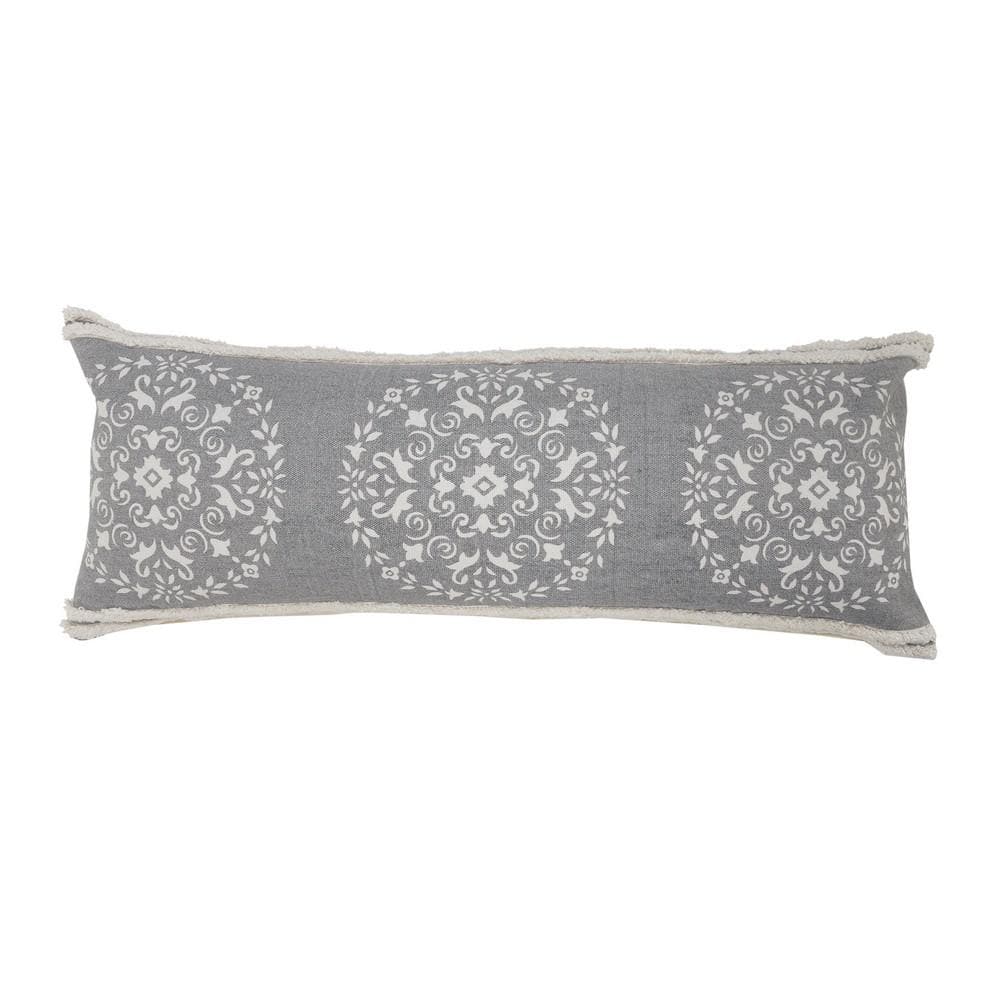 Mandala Gray / White Medallion Tufted Border Poly-Fill 14 in. x 36 in. Lumb