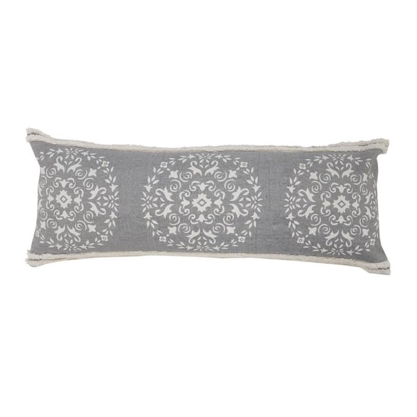 Unbranded Mandala Gray / White Medallion Tufted Border Poly-Fill 14 in. x 36 in. Lumbar Indoor Throw Pillow