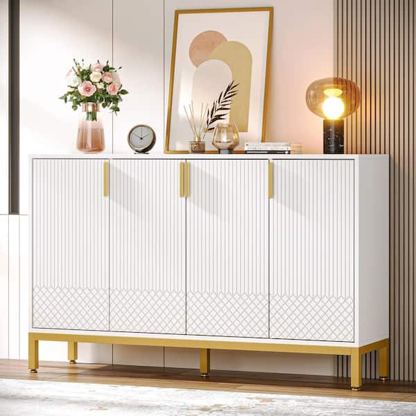 TRIBESIGNS WAY TO ORIGIN Alan White Wood 59 in. Sideboard Buffet with 4 Doors, Accent Storage Cabinet for Home Kitchen Dining Room
