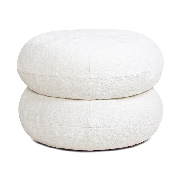 Nest 19.5 in. Low Round Cotton Chenille Upholstered Ottoman in Almond White