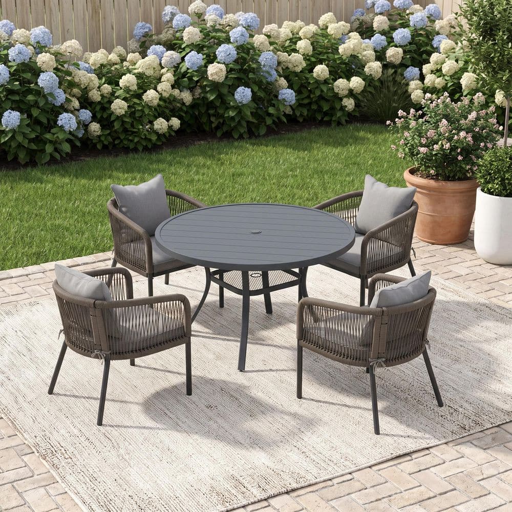 5-Piece 47.2 in. Gray Metal Round Slatted Patio Outdoor Dining Set with 4 Wicker Rope Chairs with Cushions in Gray price history on PriceWatchPro