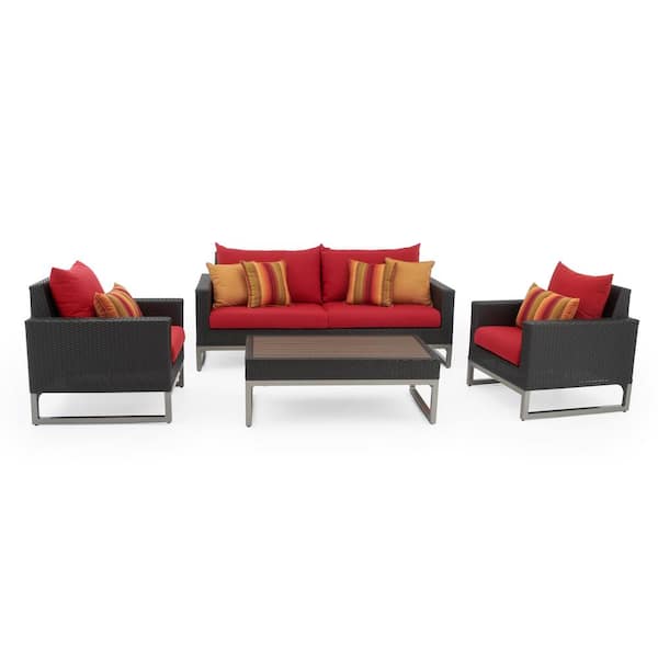 RST BRANDS Milo Espresso 4-Piece Wicker Patio Deep Seating Conversation Set with Sunbrella Sunset Red Cushions