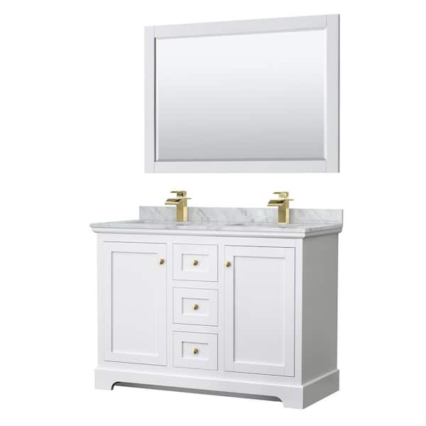 Wyndham Collection Avery 48 in. W x 22 in. D x 35 in. H Double Sink Bath Vanity in White with White Carrara Marble Top and 46" Mirror