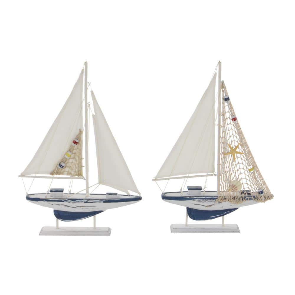 White and Blue Pine Wood Nautical Sail Boat Sculpture Set