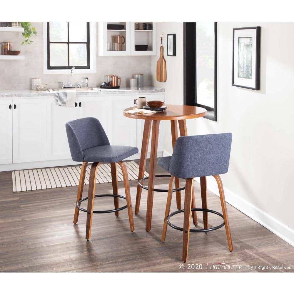 Walnut and Blue Mid-Century Modern Swivel Counter Stools, Set of 2