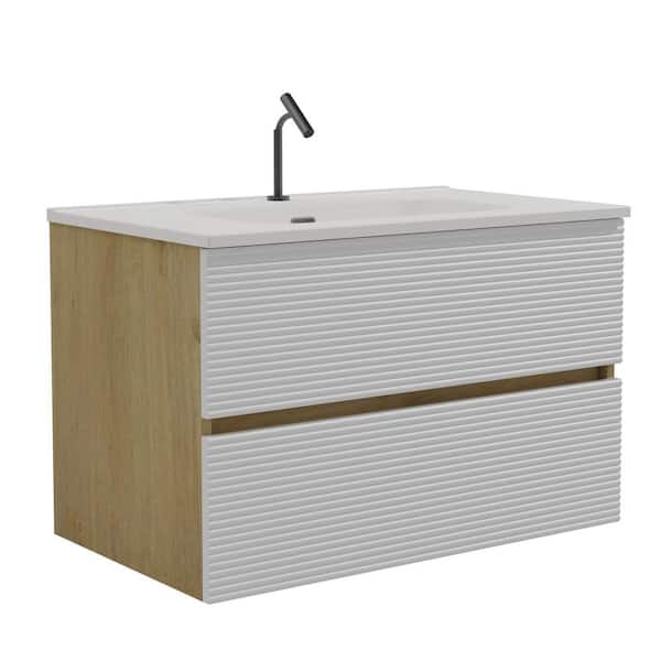 FAMYYT 30 in. Single Sink Floating Snow White Matt and Natural Oak Bath Vanity with White Ceramic Top, Assembled