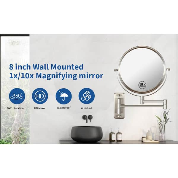 INSTER 8 in. LED Lighted 1X/10X Magnifying Mirror Wall-Mount Bathroom Makeup  Mirror in Brushed Nickel (Battery/USB Powered) WSHDRMMR0024 - The Home Depot