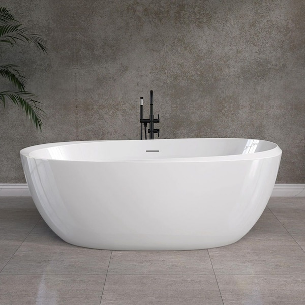 Ome 59 in. x 29.5 in. Acrylic Freestanding Soaking Bathtub Flatbottom Modern Oval Tub with Anti-Clogging Drain in White