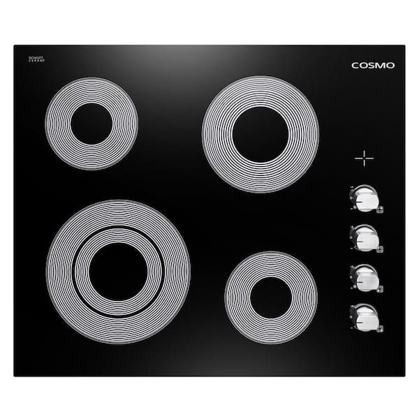 Cosmo 24 in. Smooth Top Electric Ceramic Glass Cooktop in Black with 4 Elements, Dual Zone Heating and Control Knobs
