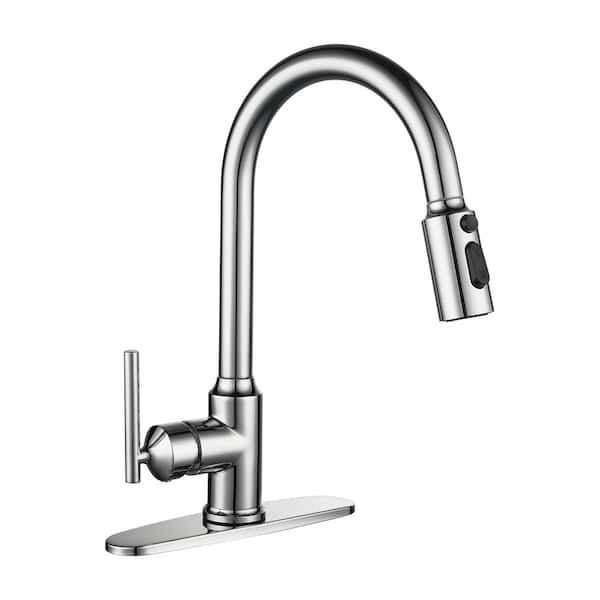 IVIGA 3 Patterns Stainless Steel Single Handle Pull Down Sprayer Kitchen Faucet with Flexible Hose and Deckplate in Chrome