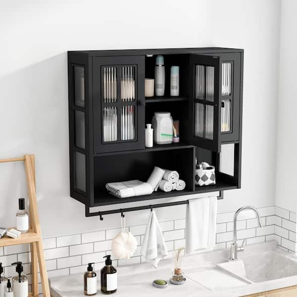 Danyale Black Wood 32.48 in. H Storage Wall Cabinet with 3 Glass Doors, Open and Hidden Storage Space