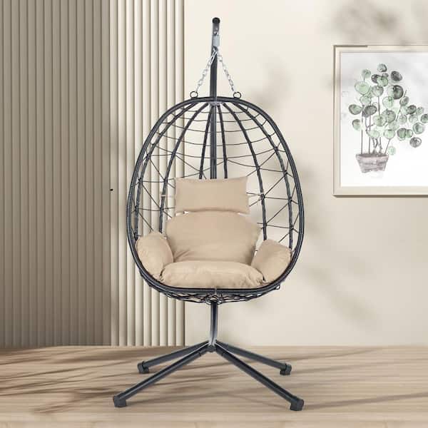 Boosicavelly 1-Person Steel Frame Black Wicker Rattan Patio Swing Egg Chair with Begie Cushions