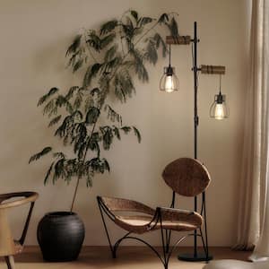 65 in. Black Wood Retro 2-Light Standard Tree Floor Lamp with Double Headed Light Dual Switch for Living Room Bedroom