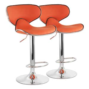 2-Piece Slim Faux Leather Adjustable 41 in. Bar Stool in Orange with Chrome Base