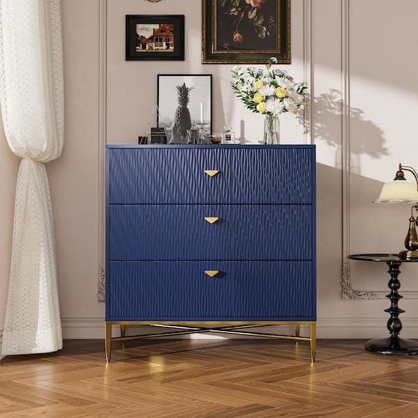 Boyel Living Blue 3-Drawer Water Ripple Finish Designs Wood Nightstand with Square Support Legs