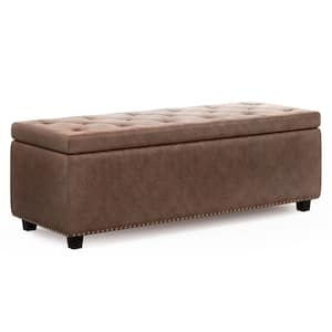 Hamilton 48 in. Wide Transitional Rectangle Storage Ottoman in Distressed Umber Brown Faux Leather