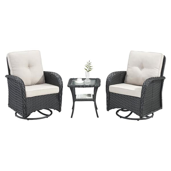 Rotavia 3-Piece Black Wicker Patio Conversation Set with Olefin Beige Cushions Outdoor Swivel Glider with Side Table