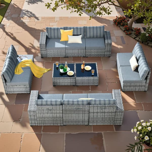 Baldwin Gray 12-Piece Wicker Wide Arm Outdoor Patio Conversation Sofa Sectional Seating Set with Gray Striped Cushions
