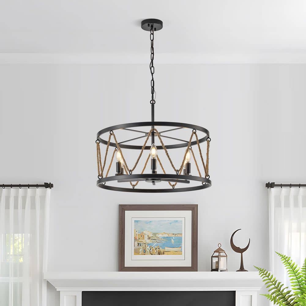 6-Light Matte Black Modern Farmhouse Hemp Rope Drum Chandelier price history on PriceWatchPro