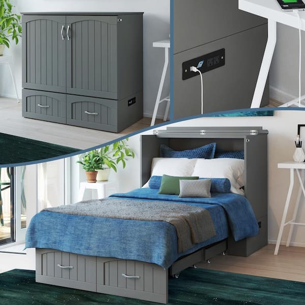 AFI Southampton Grey Solid Wood Frame Twin XL Murphy Bed Chest with Built in Charging Station and Mattress