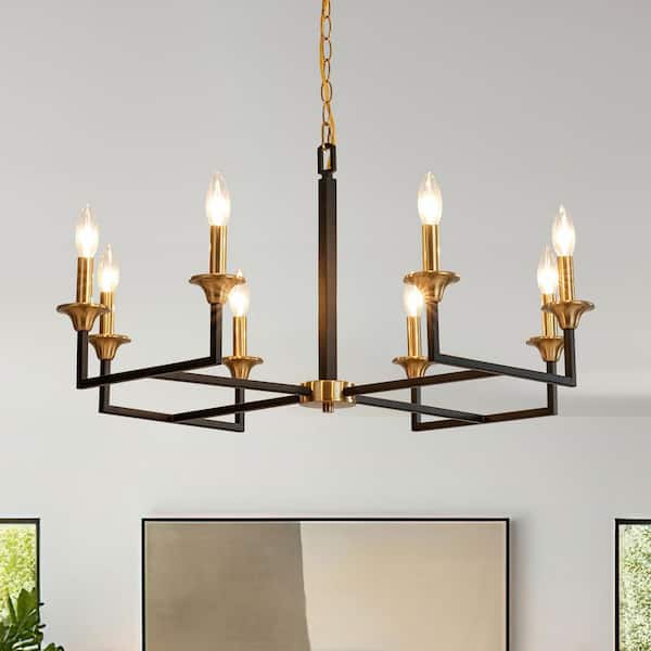 HUOKU Bricen 8-Light Modern Industrial Chandelier with Matte Black and Antique Brass Finish Square Tube Candle Design