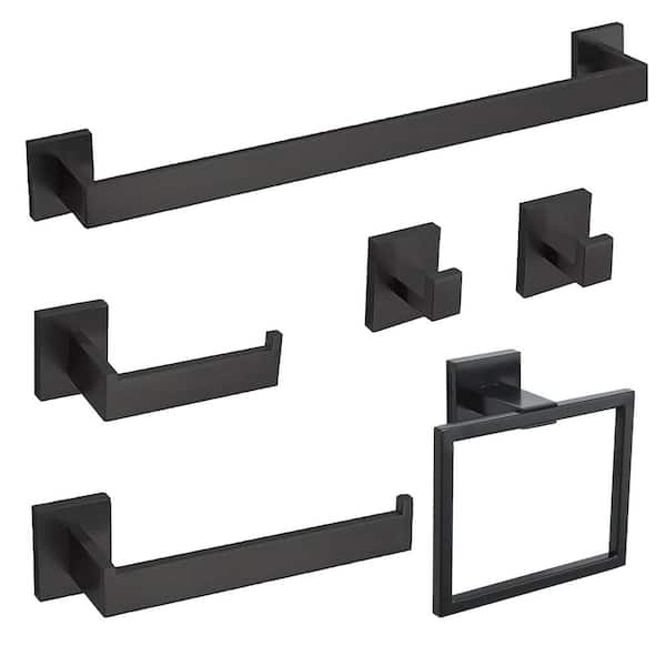 Bathroom Hardware Set 6-Pieces with Towel Bar, Toilet Paper Holder Towel Ring Towel Hook Bath Accessories in Matte Black