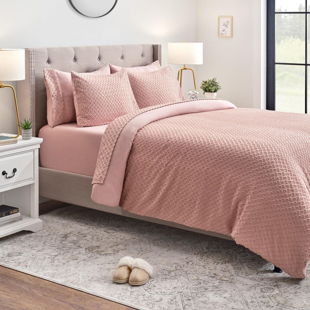 Mauve Twin Clipped Tufted Microfiber Duvet Cover Set