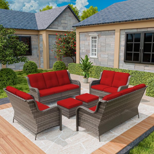 MeetLeisure Patio Furniture Set 6 Pieces Outdoor Wicker Sectional Sofa with Red Cushions