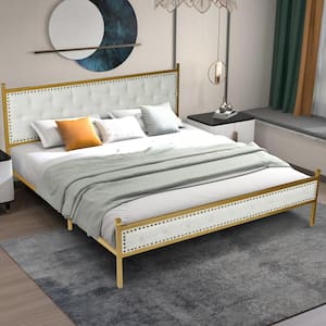VELEDA Beige Fabric Luxury Tufted Upholstered Metal Frame King Size Platform Bed Frame with Box Spring Not Required